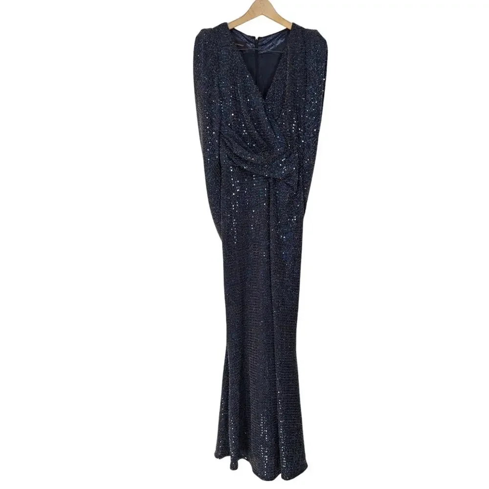 Talbot Runhof Rosin Metallic Navy Draped Gown V-Neck Cape Sleeve 6 36 Preowned - Picture 3 of 14